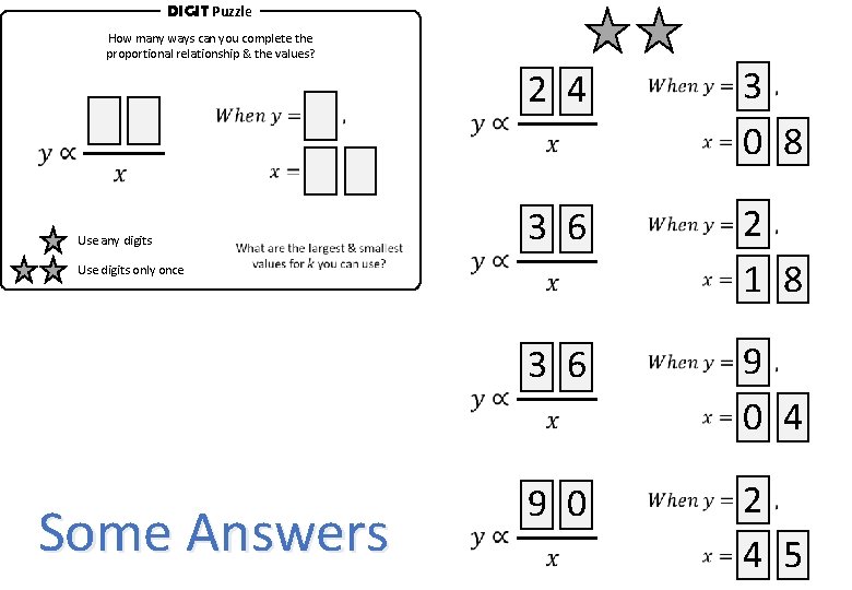 DIGIT Puzzle How many ways can you complete the proportional relationship & the values?