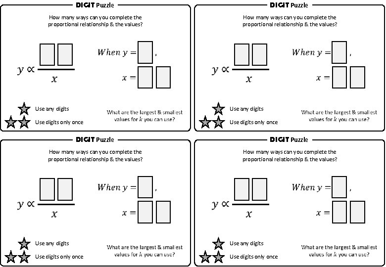 DIGIT Puzzle How many ways can you complete the proportional relationship & the values?
