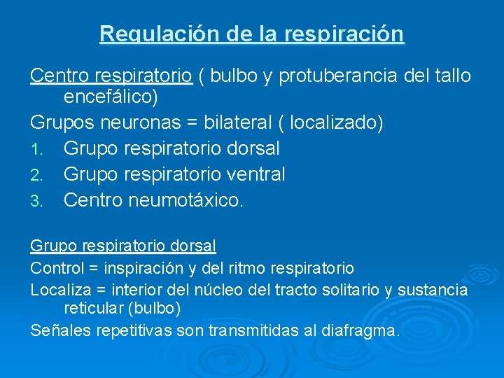 Regulación de la respiración Centro respiratorio ( bulbo y protuberancia del tallo encefálico) Grupos