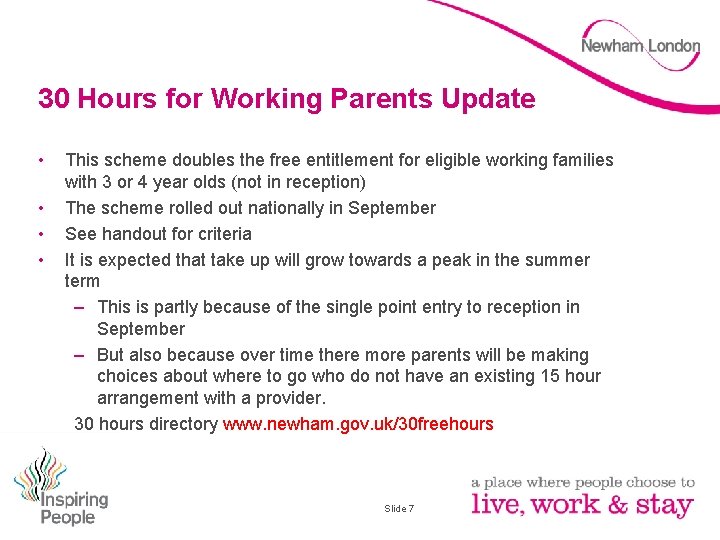 30 Hours for Working Parents Update • • This scheme doubles the free entitlement