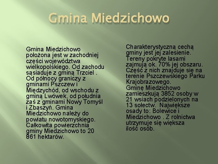 Gmina Miedzichowo położona jest w zachodniej części województwa wielkopolskiego. Od zachodu sąsiaduje z gminą