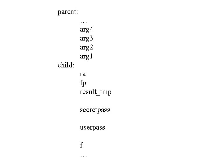 parent: … arg 4 arg 3 arg 2 arg 1 child: ra fp result_tmp