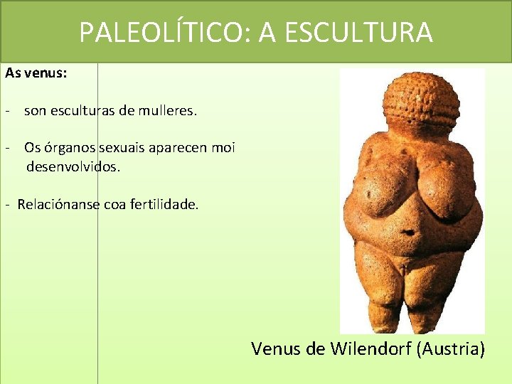 PALEOLÍTICO: A ESCULTURA As venus: - son esculturas de mulleres. - Os órganos sexuais