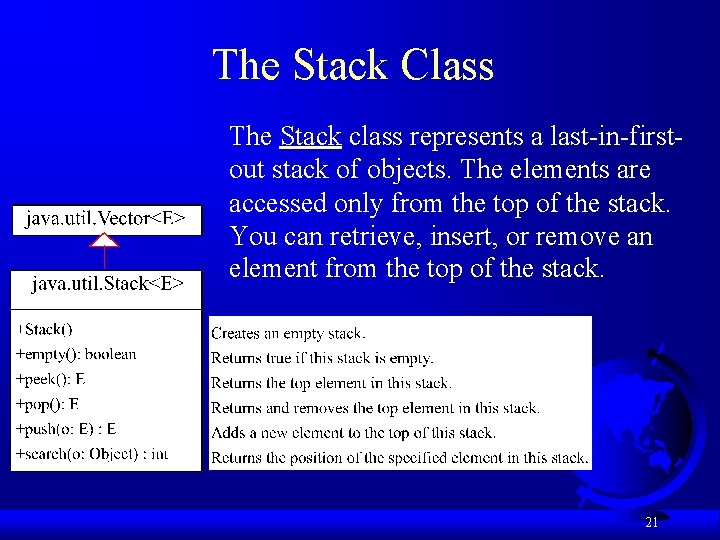 The Stack Class The Stack class represents a last-in-firstout stack of objects. The elements