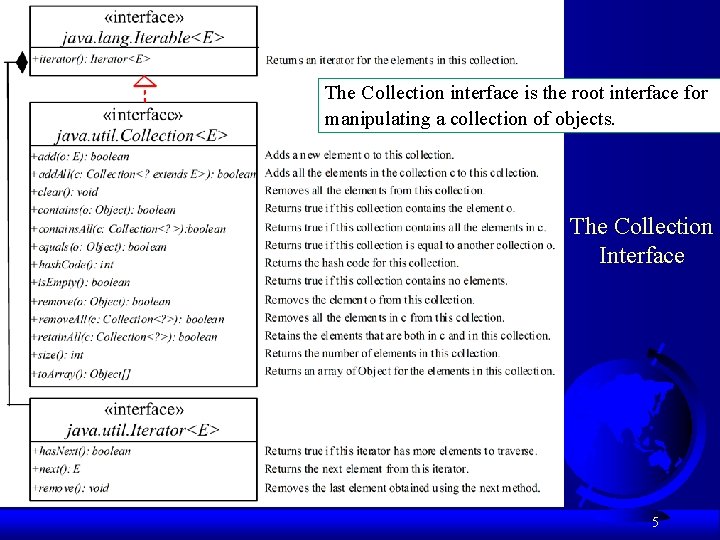 The Collection interface is the root interface for manipulating a collection of objects. The