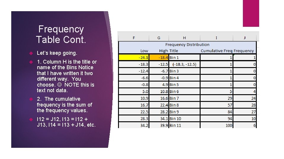 Frequency Table Cont. Let’s keep going. 1. Column H is the title or name