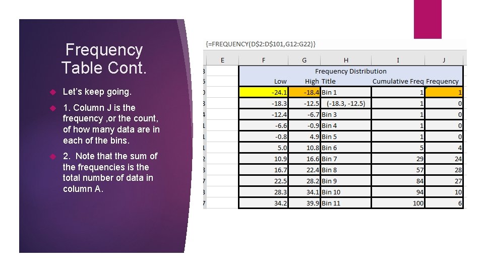 Frequency Table Cont. Let’s keep going. 1. Column J is the frequency , or