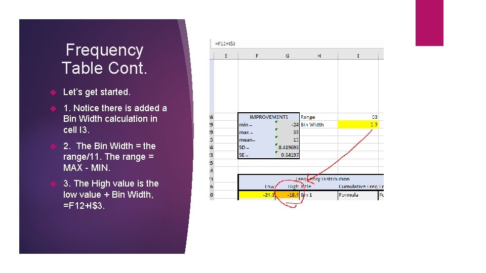 Frequency Table Cont. Let’s get started. 1. Notice there is added a Bin Width