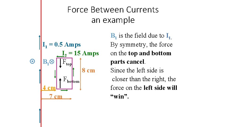 Force Between Currents an example I 1 = 0. 5 Amps I 2 =