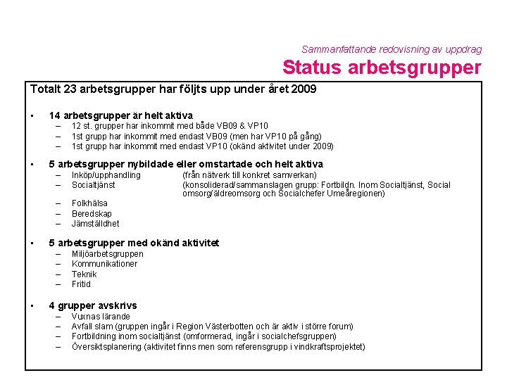 Sammanfattande redovisning av uppdrag Status arbetsgrupper Totalt 23 arbetsgrupper har följts upp under året