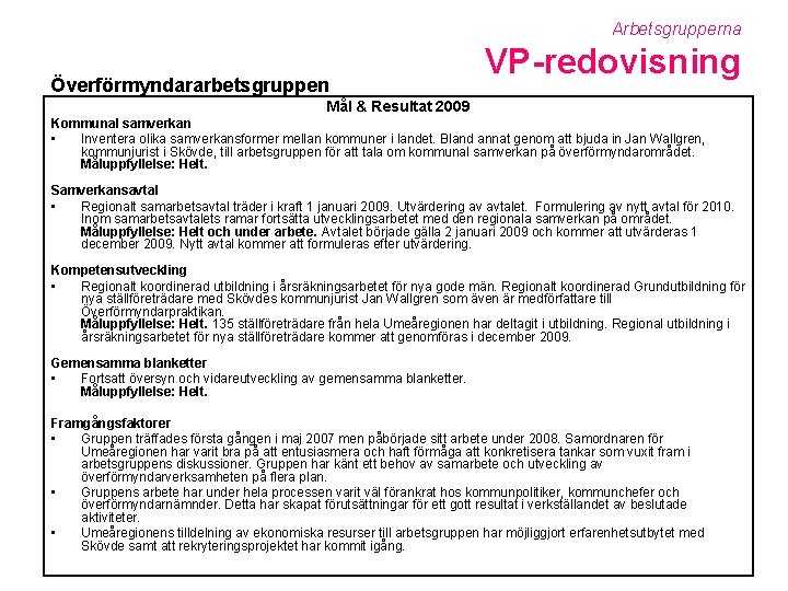 Arbetsgrupperna Överförmyndararbetsgruppen VP-redovisning Mål & Resultat 2009 Kommunal samverkan • Inventera olika samverkansformer mellan