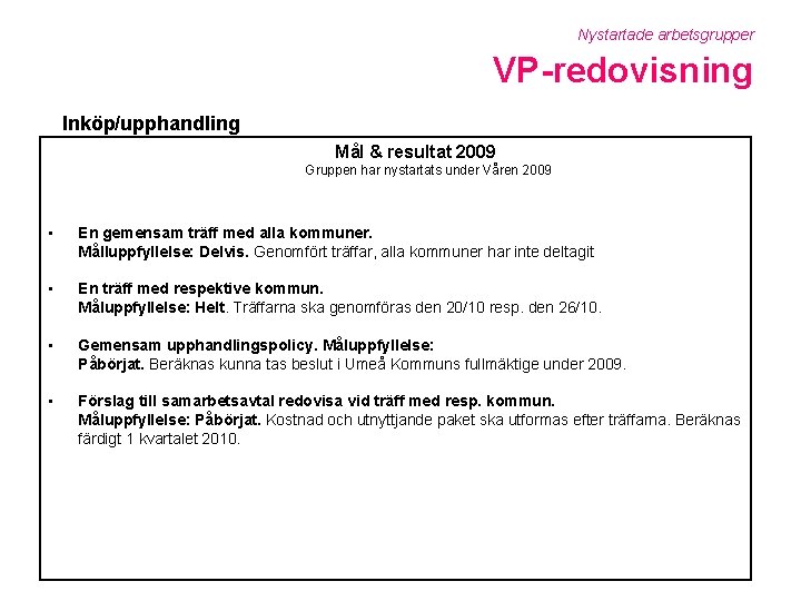 Nystartade arbetsgrupper VP-redovisning Inköp/upphandling Mål & resultat 2009 Gruppen har nystartats under Våren 2009