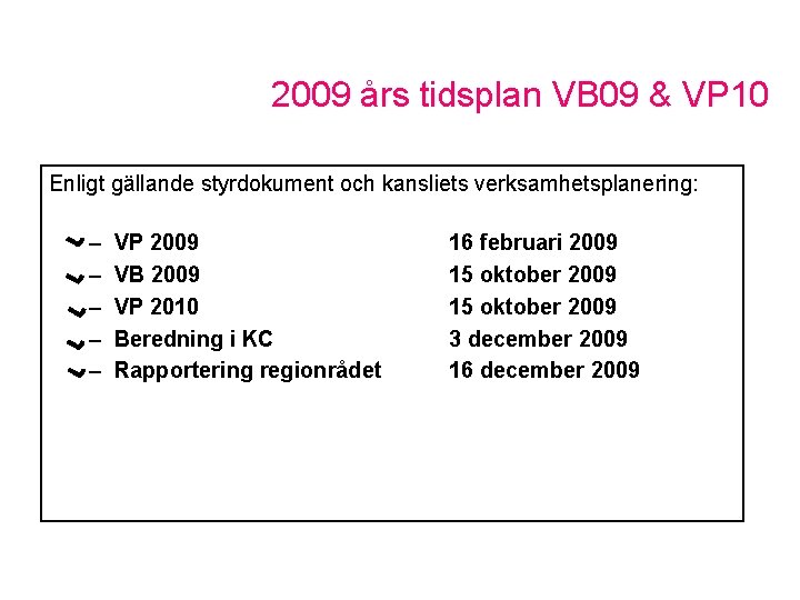 2009 års tidsplan VB 09 & VP 10 Enligt gällande styrdokument och kansliets verksamhetsplanering: