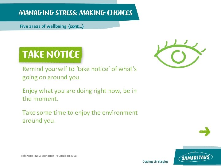 MANAGING STRESS: MAKING CHOICES Five areas of wellbeing (cont…) TAKE NOTICE Remind yourself to