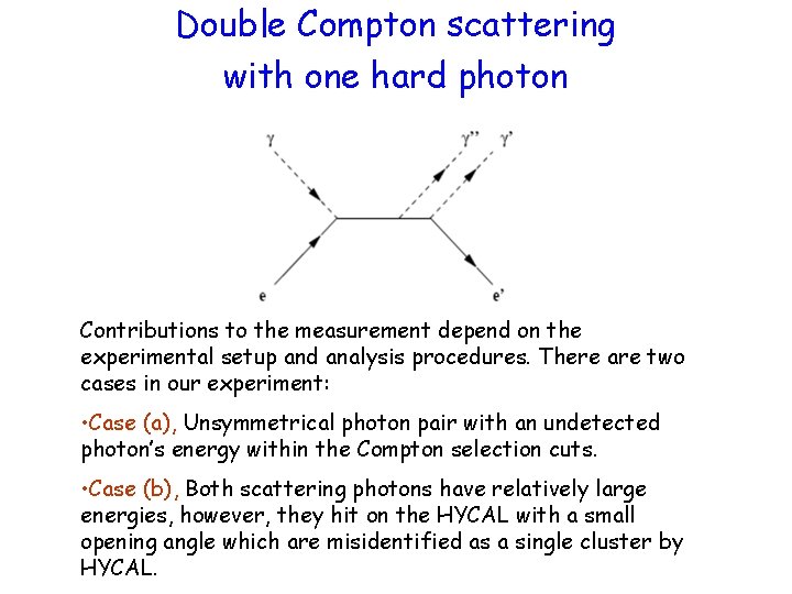 Double Compton scattering with one hard photon Contributions to the measurement depend on the