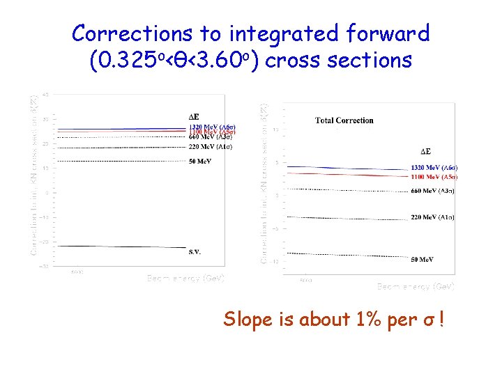 Corrections to integrated forward (0. 325 o<θ<3. 60 o) cross sections Slope is about