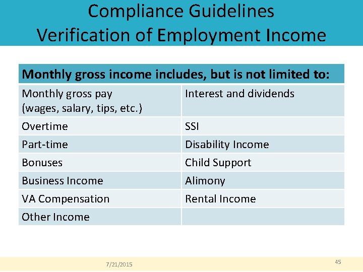 Compliance Guidelines Verification of Employment Income Monthly gross income includes, but is not limited Compliance Guidelines Verification of Employment Income Monthly gross income includes, but is not limited