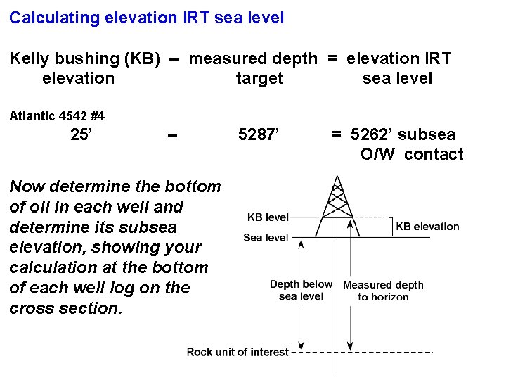 Calculating elevation IRT sea level Kelly bushing (KB) – measured depth = elevation IRT