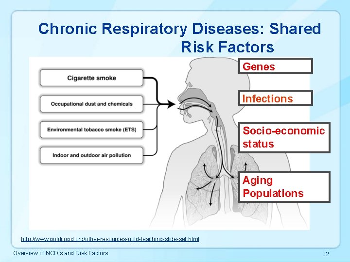 Chronic Respiratory Diseases: Shared Risk Factors Genes Infections Socio-economic status Aging Populations http: //www.