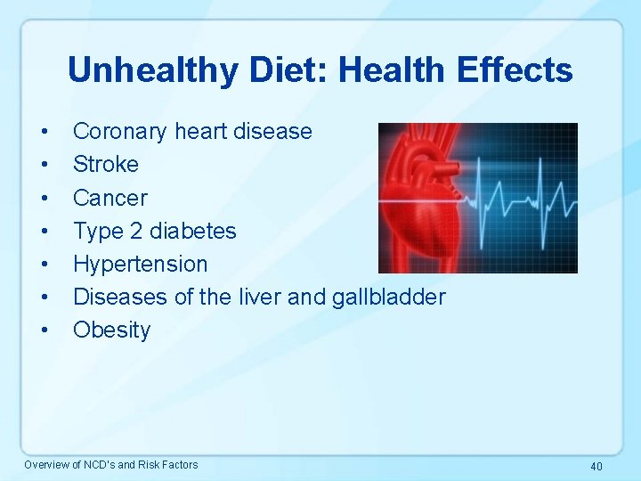 Unhealthy Diet: Health Effects • • Coronary heart disease Stroke Cancer Type 2 diabetes