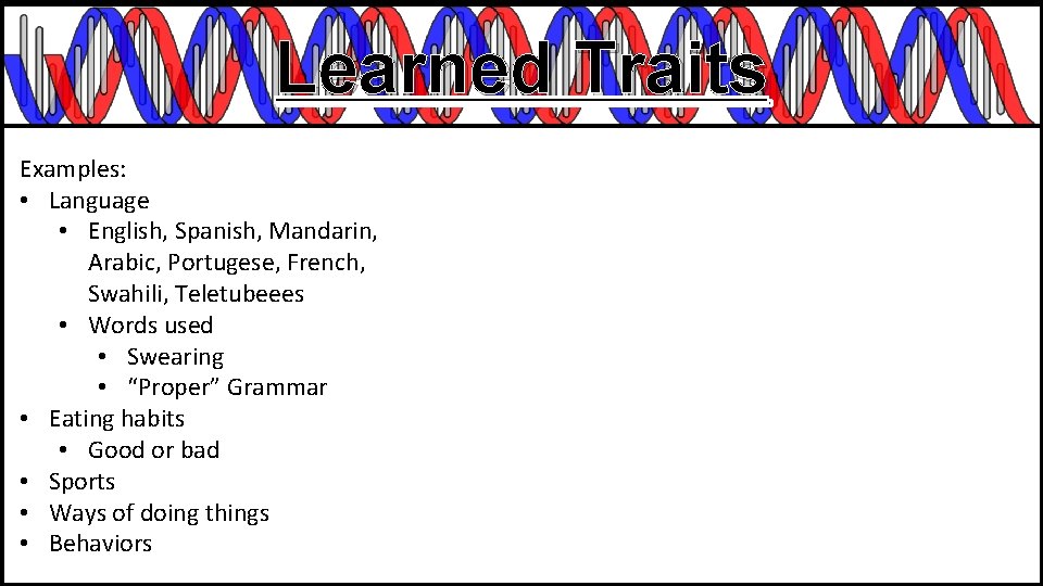 Learned Traits Examples: • Language • English, Spanish, Mandarin, Arabic, Portugese, French, Swahili, Teletubeees