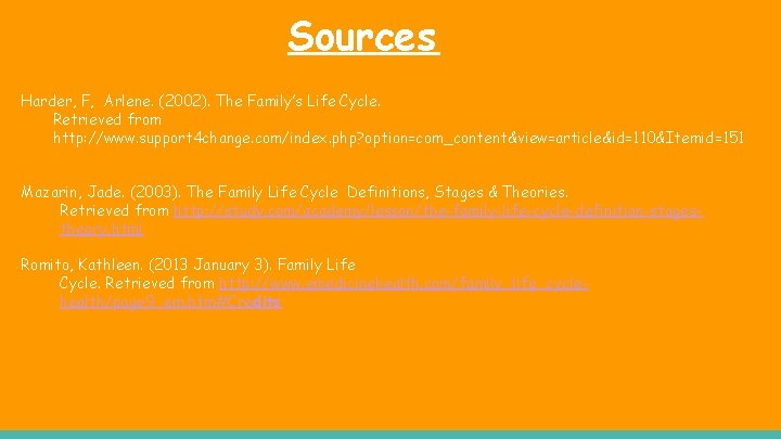 Sources Harder, F, Arlene. (2002). The Family’s Life Cycle. Retrieved from http: //www. support