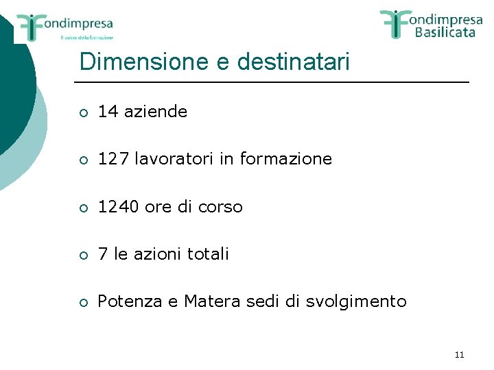 Dimensione e destinatari ¡ 14 aziende ¡ 127 lavoratori in formazione ¡ 1240 ore