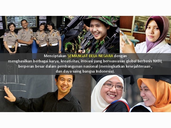 Menciptakan SEMANGAT BELA NEGARA dengan menghasilkan berbagai karya, kreativitas, inovasi yang berwawasan global berbasis