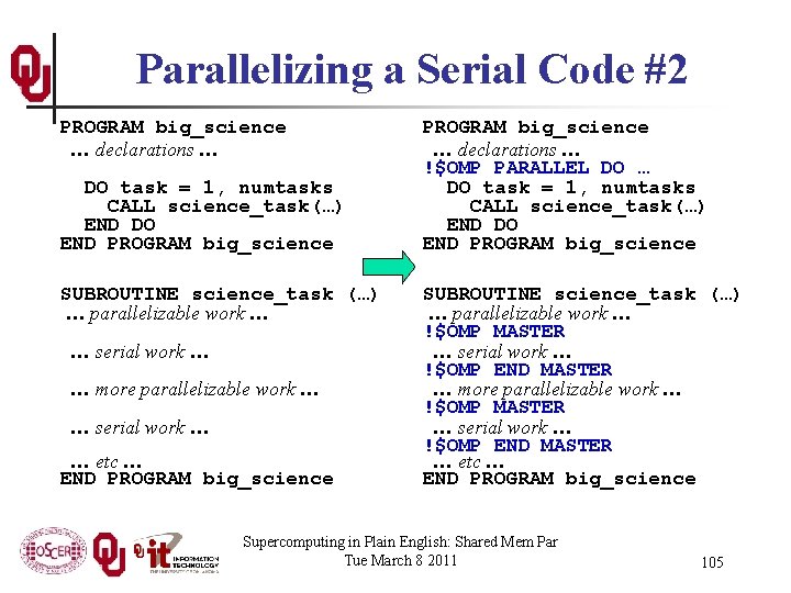 Parallelizing a Serial Code #2 PROGRAM big_science … declarations … DO task = 1,