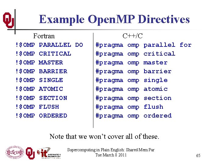 Example Open. MP Directives Fortran !$OMP !$OMP !$OMP C++/C PARALLEL DO CRITICAL MASTER BARRIER