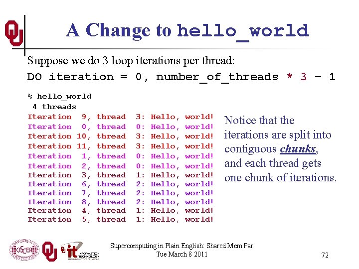 A Change to hello_world Suppose we do 3 loop iterations per thread: DO iteration