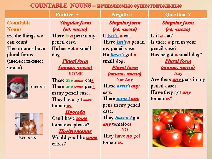 COUNTABLE NOUNS – исчисляемые существительные Positive + Countable Nouns are things we can count.