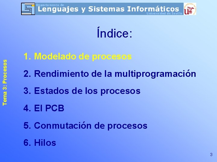 Tema 3: Procesos Índice: 1. Modelado de procesos 2. Rendimiento de la multiprogramación 3.