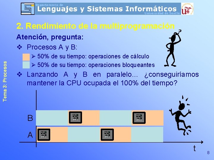 2. Rendimiento de la multiprogramación Tema 3: Procesos Atención, pregunta: v Procesos A y