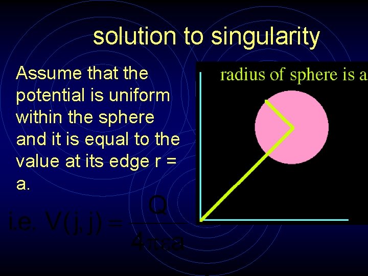 solution to singularity Assume that the potential is uniform within the sphere and it