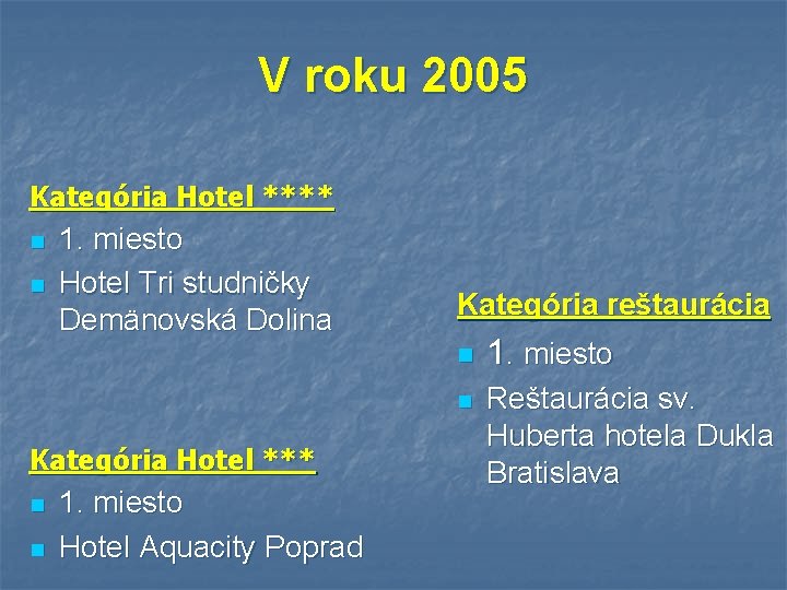 V roku 2005 Kategória Hotel **** n n 1. miesto Hotel Tri studničky Demänovská