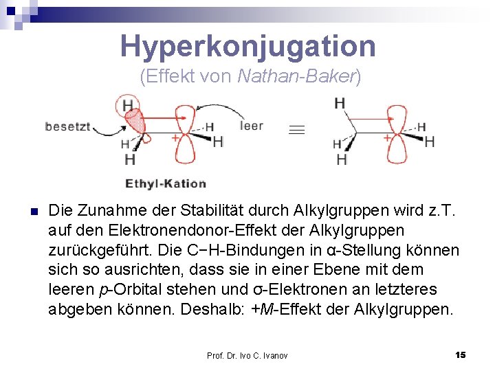 Hyperkonjugation (Effekt von Nathan-Baker) n Die Zunahme der Stabilität durch Alkylgruppen wird z. T.