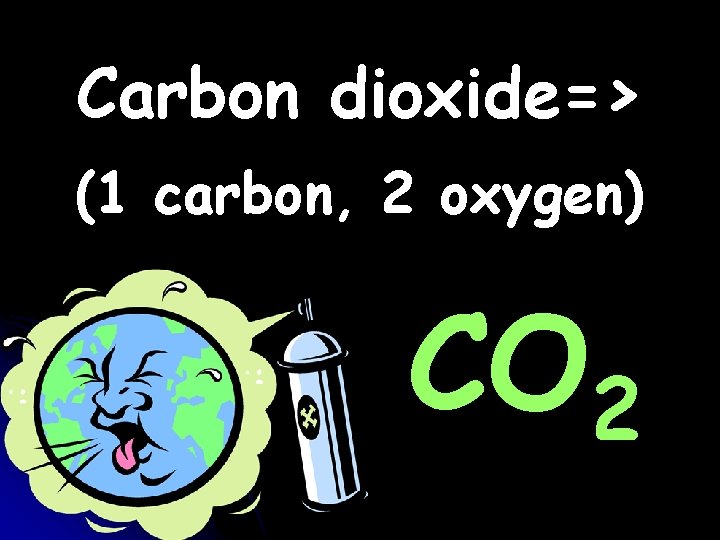 Carbon dioxide=> (1 carbon, 2 oxygen) CO 2 Carbon dioxide=> (1 carbon, 2 oxygen) CO 2