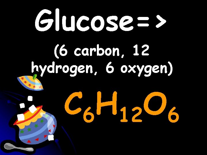 Glucose=> (6 carbon, 12 hydrogen, 6 oxygen) C 6 H 12 O 6 Glucose=> (6 carbon, 12 hydrogen, 6 oxygen) C 6 H 12 O 6