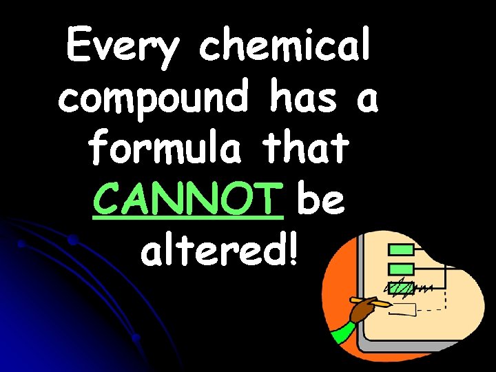 Every chemical compound has a formula that CANNOT be altered! Every chemical compound has a formula that CANNOT be altered!