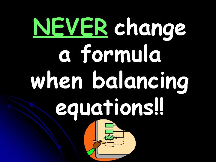 NEVER change a formula when balancing equations!! NEVER change a formula when balancing equations!!