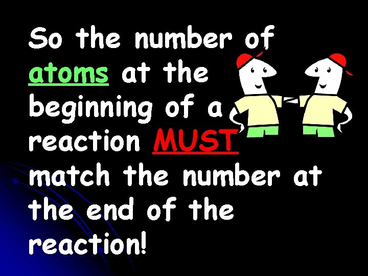 So the number of atoms at the beginning of a reaction MUST match the So the number of atoms at the beginning of a reaction MUST match the