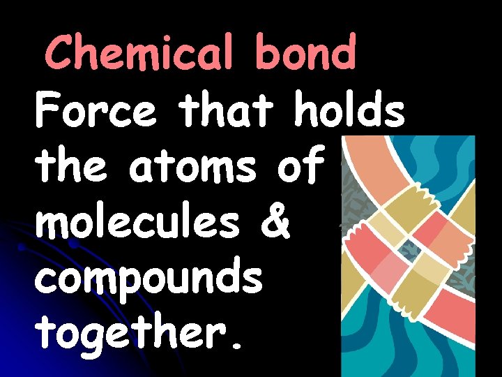 Chemical bond Force that holds the atoms of molecules & compounds together. Chemical bond Force that holds the atoms of molecules & compounds together.