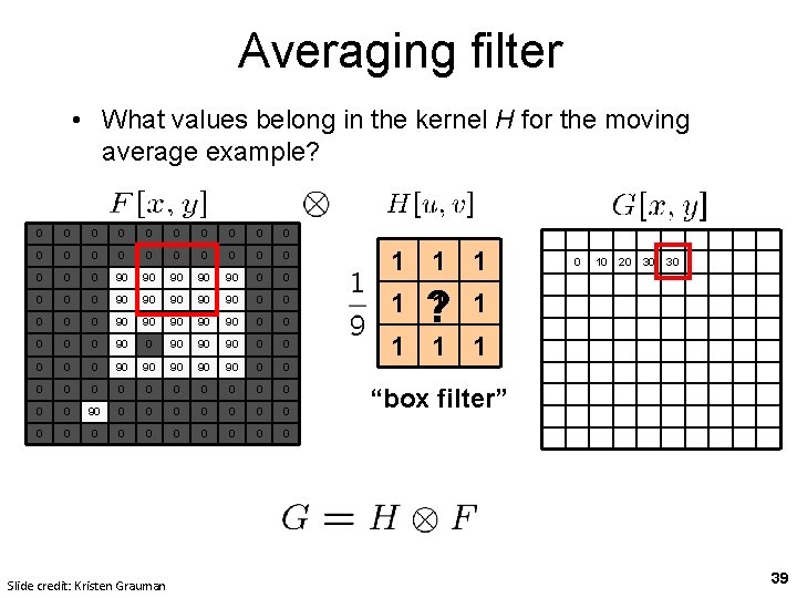 Averaging filter • What values belong in the kernel H for the moving average Averaging filter • What values belong in the kernel H for the moving average
