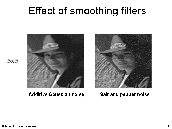 Effect of smoothing filters Additive Gaussian noise Slide credit: Kristen Grauman Salt and pepper Effect of smoothing filters Additive Gaussian noise Slide credit: Kristen Grauman Salt and pepper