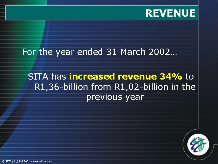 REVENUE For the year ended 31 March 2002… SITA has increased revenue 34% to