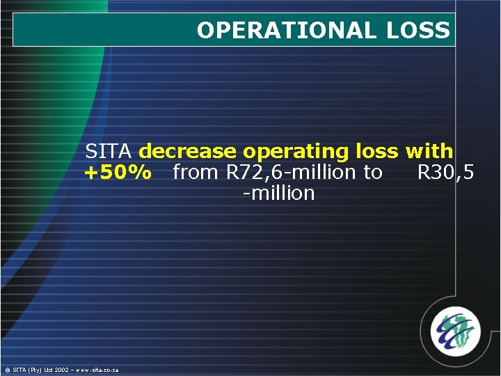 OPERATIONAL LOSS SITA decrease operating loss with +50% from R 72, 6 -million to