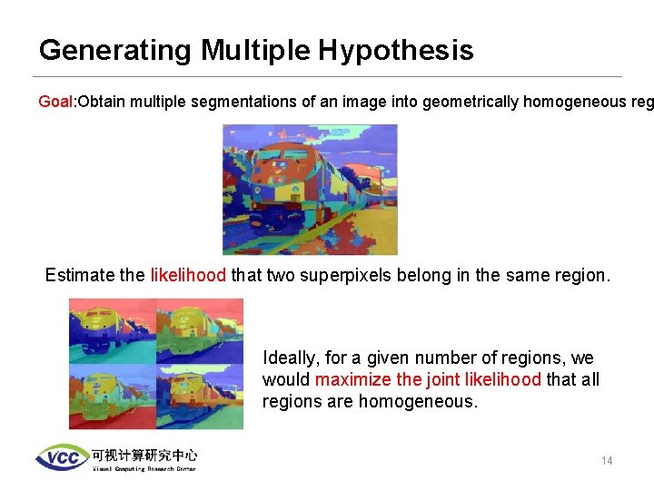 Generating Multiple Hypothesis Goal: Obtain multiple segmentations of an image into geometrically homogeneous reg