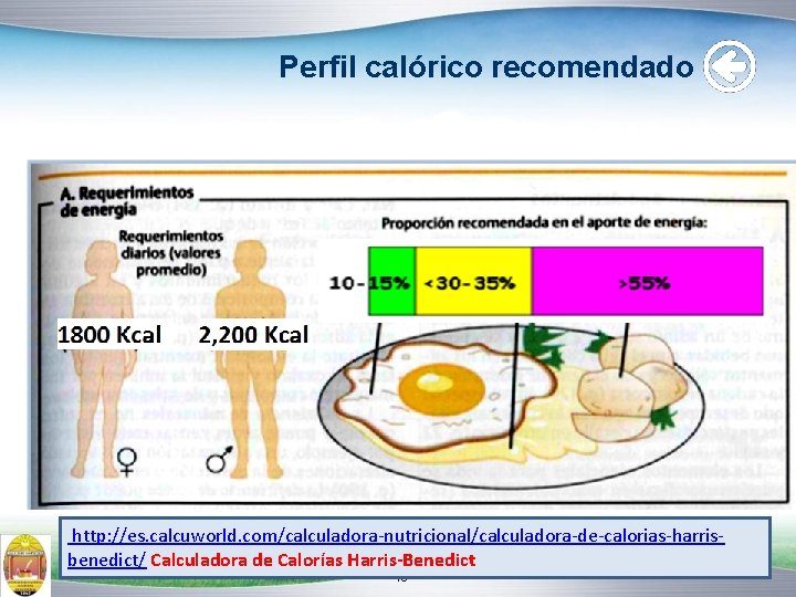 Perfil calórico recomendado http: //es. calcuworld. com/calculadora-nutricional/calculadora-de-calorias-harrisbenedict/ Calculadora de Calorías Harris-Benedict 18 