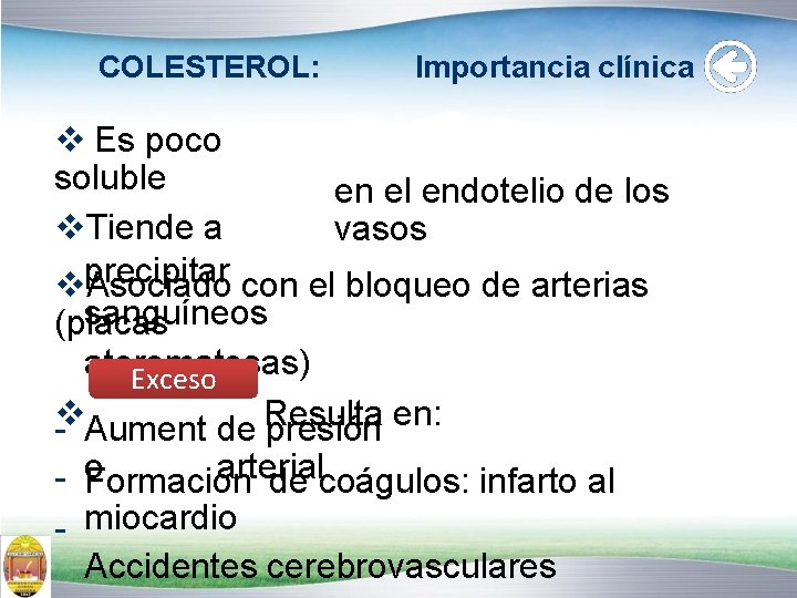 COLESTEROL: Importancia clínica Es poco soluble en el endotelio de los Tiende a vasos